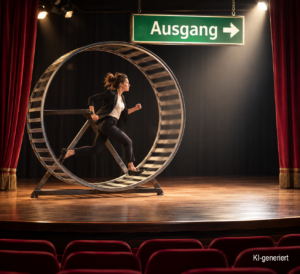 Frau läuft in einem Hamsterrad auf einer Theaterbühne unter einem Schild mit der Aufschrift „Ausgang“