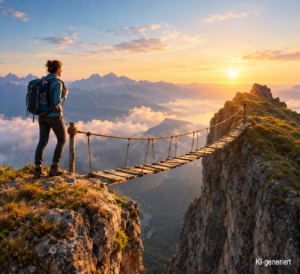 Frau steht auf einem Berggipfel vor einer schmalen Hängebrücke zum nächsten Gipfel